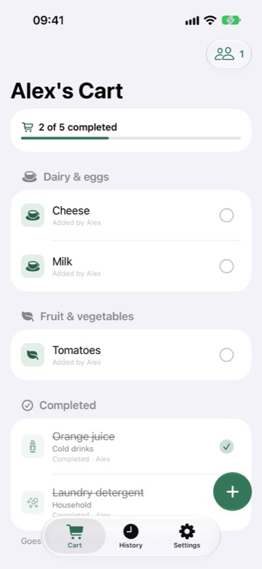 OneCart Family - Shared cart grouped by category with completed items