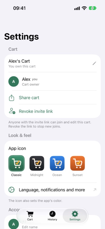 OneCart Family - Settings with cart sharing, an invite link, and app icon choice