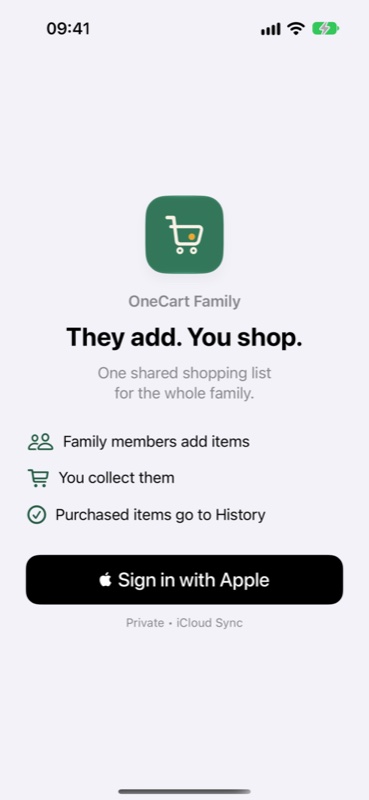 OneCart Family - Welcome and Sign in with Apple