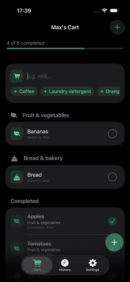 OneCart Family cart in dark mode with quick-add suggestions