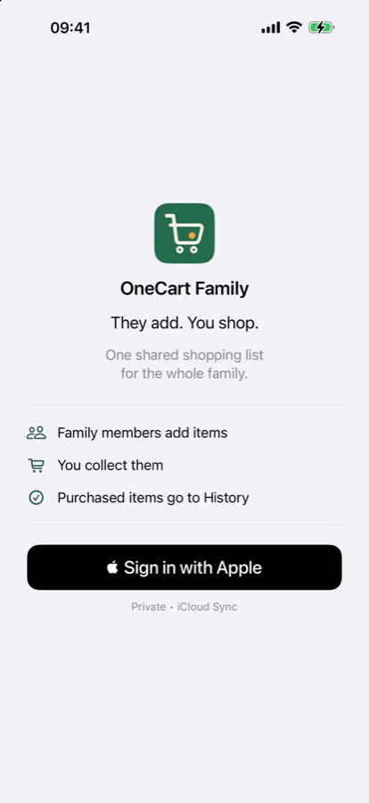 OneCart Family welcome screen with Sign in with Apple